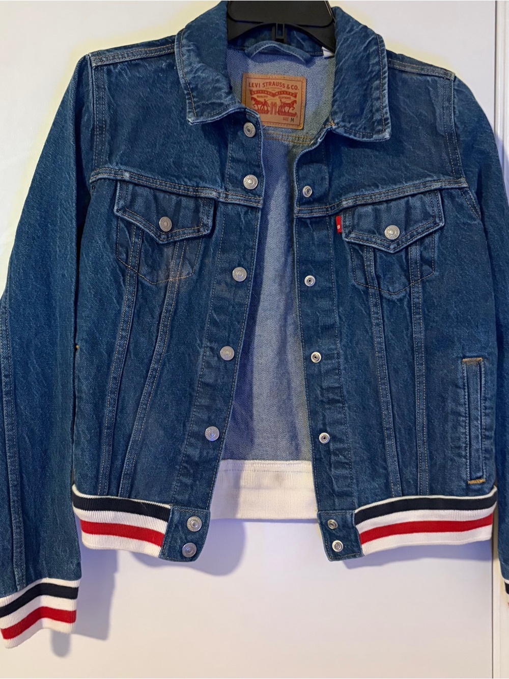 Levi's Blue Denim Jacket with Red and White Stripe Rib Hem